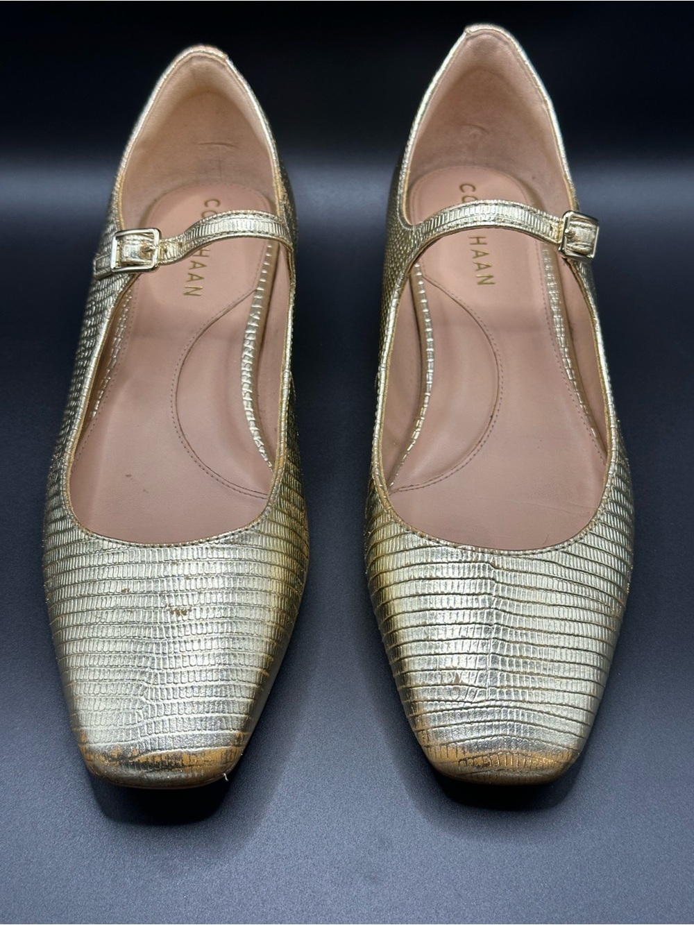 Cole Haan Gold Lizard-Embossed Mary Jane Flats